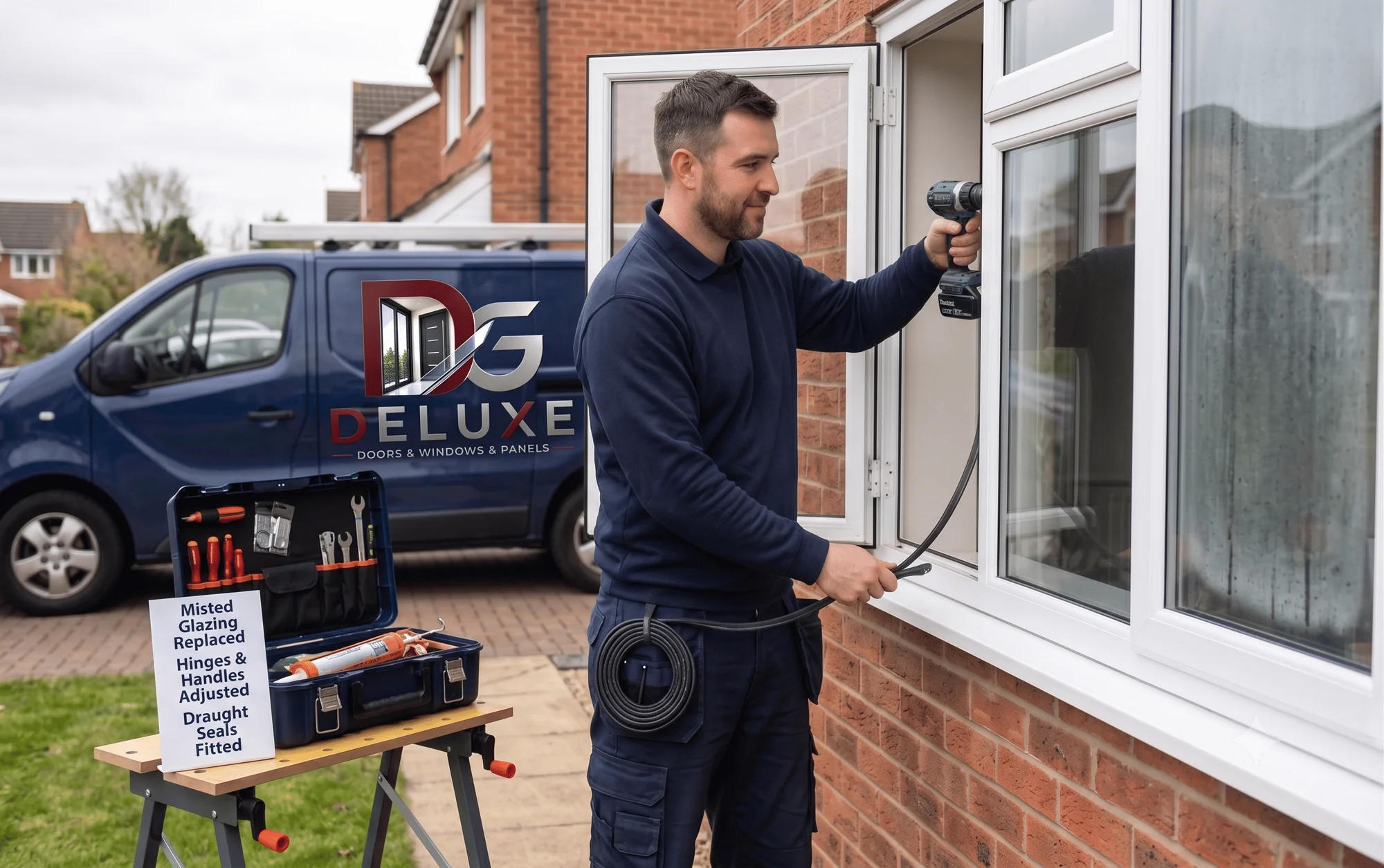 Rosewood-effect UPVC bay window with leaded glazing